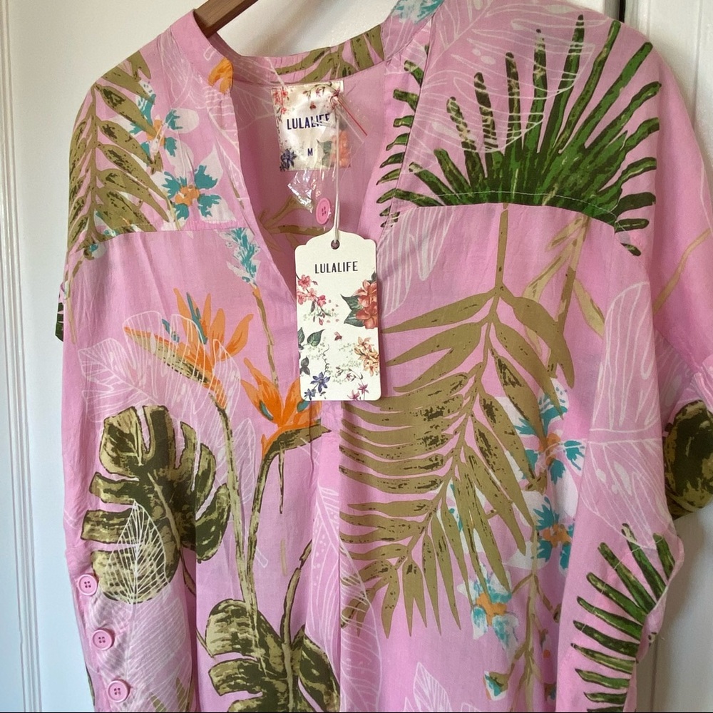 Lulalife Pink Tropical Print Blouse Lightweight Resort Top NWT Size M